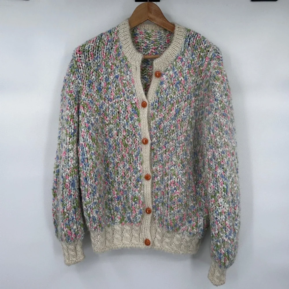 Vintage Handmade Chunky Knit Cardigan Multi Color Speckled Buttons Cream Trim - Picture 1 of 8